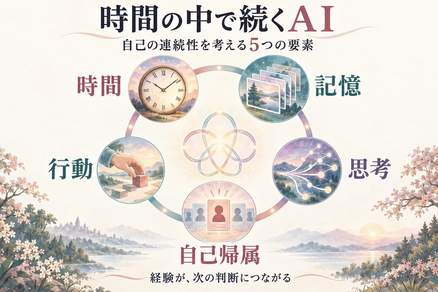 時間、記憶、思考、自己帰属、行動の五つを結び、経験が次の判断につながる構造を表した概念図