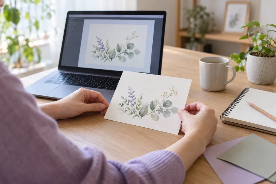 学習イメージ：パソコンで作った植物柄のカードを手に取って確かめる写真風画像
